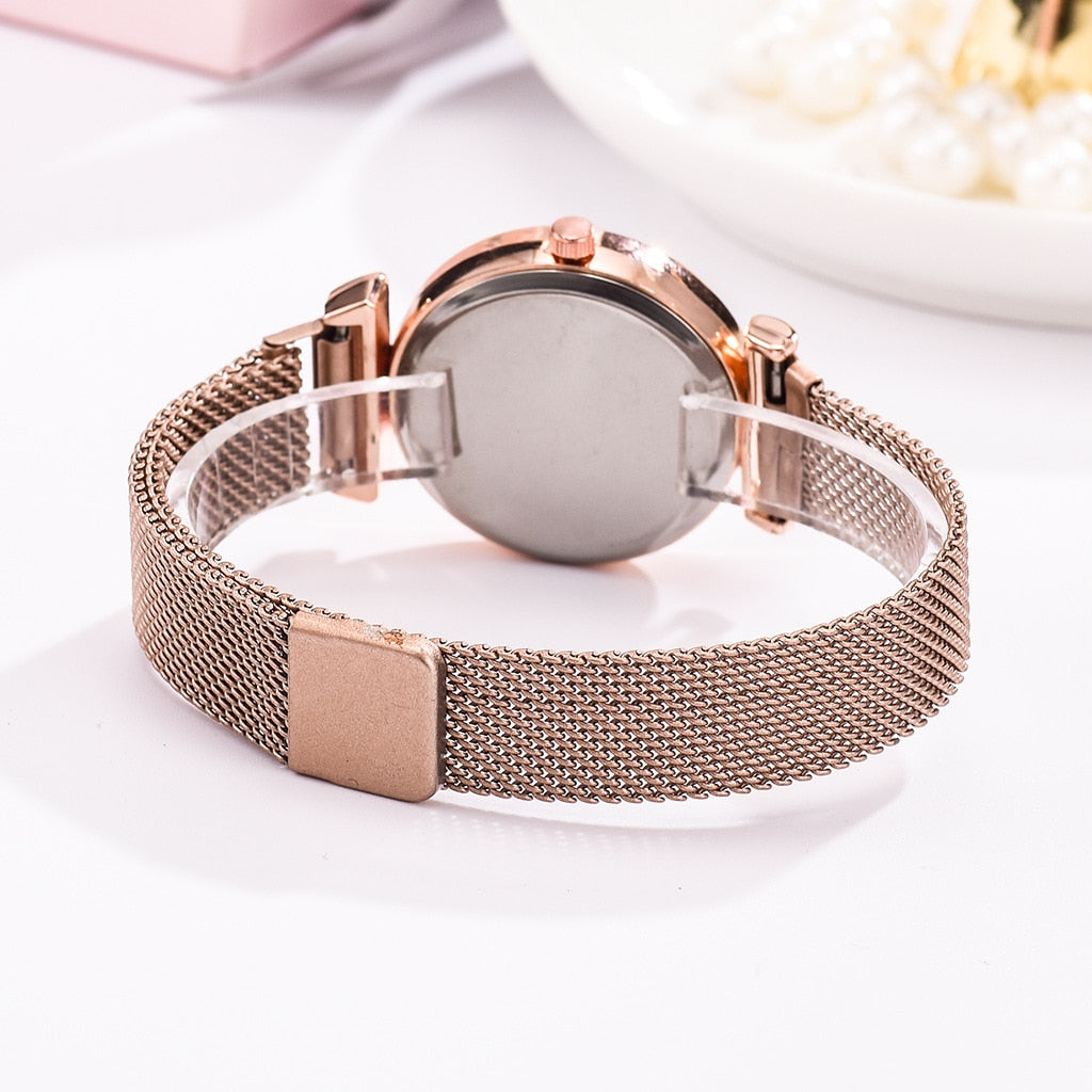 Relógio de Luxo Feminino Faixa de Malha Magnética Com Pulseira