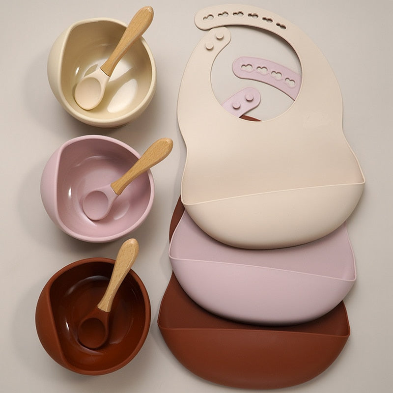 Conjunto Babador de Silicone, Talher e Tigela de Alimentação para Bebês